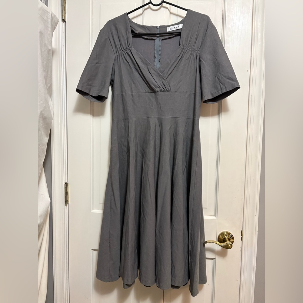 MUXXN rayon cotton surplice neck gray short sleeve dress
